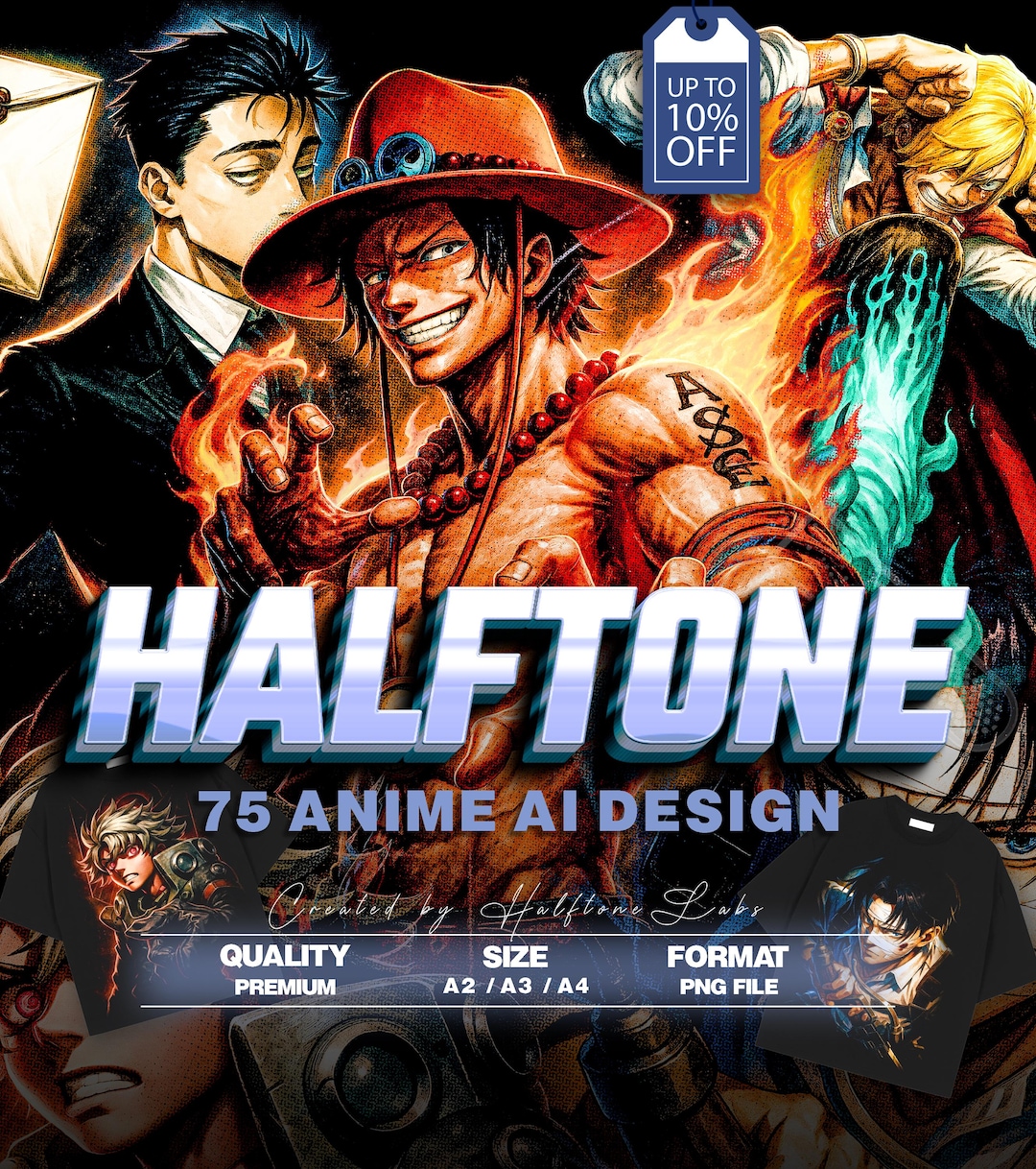 75 Halftone Anime Designs PNG Bundle A2 A3 A4 | Manga Character Pack ...