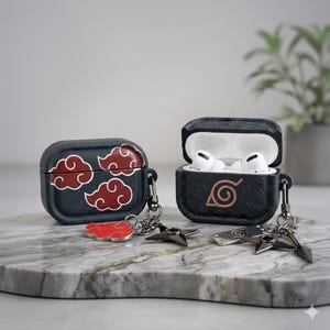 Naruto AirPods Case with Charm, Cartoon Inspired Akatsuki Red Cloud Cover for AirPods 1 2 3 4 Pro 2 3, Itachi Shinobi Gift