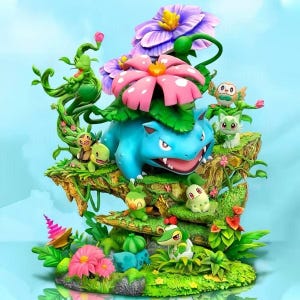 Peut inclure: Figurine détaillée représentant un Venusaur bleu avec une grande fleur rose et violette sur le dos, entouré de divers personnages Pokémon et d'un feuillage vert luxuriant. La sculpture est posée sur un fond bleu clair.