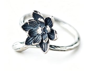 Silver Plated Black Lotus Ring | Adjustable Open Band, Vintage Floral Jewelry (1.6cm)
