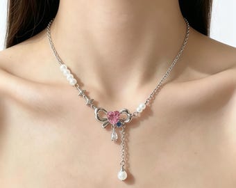 Dainty Pearl & Bow Choker Necklace Set | Y2K Crystal Pendant Jewelry