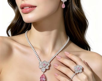Pink CZ Flower Bridal Jewelry Set, Necklace, Earrings, Ring, Wedding Accessory