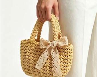 Mini Woven Cotton Linen Handbag with Lace Bow, Boho Summer Beach Tote, Casual Daily