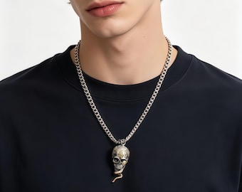 Two Tone Skull Snake Pendant Necklace, Gothic Biker Zinc Alloy Chain Jewelry