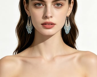Handmade Blue Glass Chandelier Earrings, Gold Copper Fringe, Boho Statement Dangles