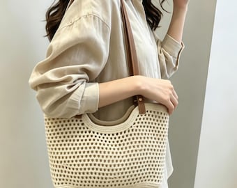Handmade Crochet Mesh Tote Bag, Adjustable Leather Strap Knit Shoulder Bag, Summer Beach Woven Bag with Liner Option