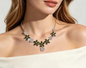 Crystal Flower Choker Necklace: Emerald Green, Ocean Blue, Blush Pink Copper Statement Jewelry
