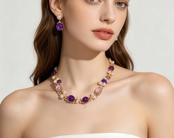 Purple Crystal Faux Pearl Choker Necklace, Vintage Gold Beaded Collar Jewelry