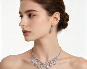 Silver Teardrop Rhinestone Alloy Jewelry Set, Bridal Necklace & Earrings
