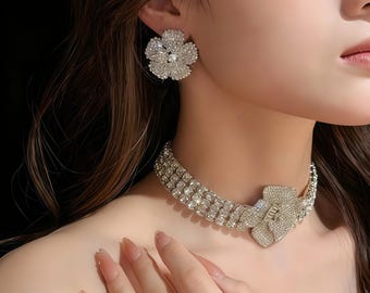 Luxury Crystal Flower Choker, Sparkly Rhinestone Statement Necklace, Formal Evening Party Bridal Jewelry
