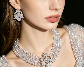 Multi-strand Crystal Bridal Jewelry Set, Alloy Rhinestone Necklace & Earrings