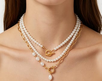 Layered Pearl Necklace, Gold Paperclip Chain, Baroque Drop Pendant Choker
