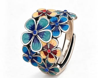 Enamel Flower Cluster Ring • Adjustable Copper Band, Vintage Inspired Floral Statement Jewelry