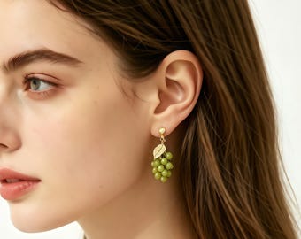 Green Grape Pearl Drop Earrings, Gold Leaf Dangle, Fruit Themed Handmade Jewelry