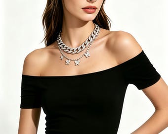 Crystal Cuban Link Butterfly Choker | Silver Multi Layer Necklace | Trendy Punk Hip Hop Jewelry