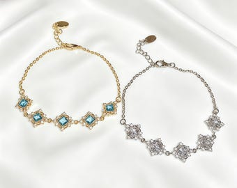 Five Square Crystal Link Bracelet, Gold Blue Zircon, Silver Clear Zircon, Bridal Wrist Chain