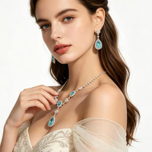 See Blau Teardrop Kristall Schmuck Set | Kupfer Basis Strass & Acryl Halskette Ohrringe