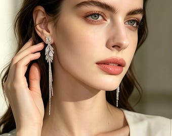 Crystal Tassel Leaf Drop Earrings, Bridal Wedding Statement Jewelry (7.5cm)
