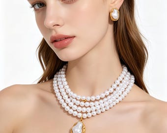 Triple Strand Baroque Pearl Choker Necklace and Earrings Set, Bridal Statement Jewelry