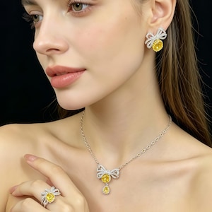 Gelbe Schleife Cubic Zirconia Schmuck Set, Kupfer Basis, 45 cm Halskette, Braut Ohrringe Ring Geschenk für Sie