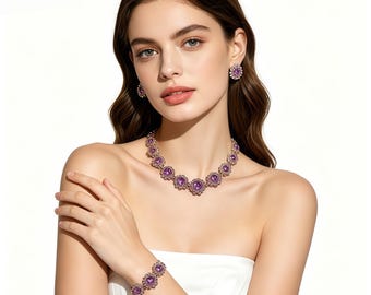 Vintage Purple Crystal Flower Jewelry Set | Necklace, Bracelet, Earrings | Wedding Statement Jewelry