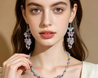 Handmade Pastel Flower Beaded Dangle Earrings, Bohemian Rainbow Summer Jewelry