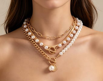 Layered Gold Pearl Necklace Set, Dainty Baroque Choker, Vintage Stackable Chain Jewelry