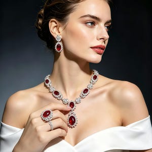 May include: An elegant jewellery set comprising a necklace, earrings, and a ring. The set showcases oval, deep red gemstones encircled by clear, sparkling stones. The necklace hangs gracefully, and the ring is prominently displayed. The earrings are a matching drop style.