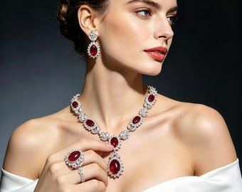 Ruby Red CZ Statement Necklace Earring Set | Copper Alloy Wedding Jewelry