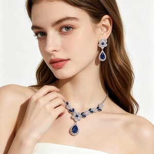 Blau Teardrop Zirkon Kupfer Schmuck-Set, Floral Kristall Halskette & Tropfen Ohrringe, Brautjungfer Geschenk, formeller Party Statement Schmuck