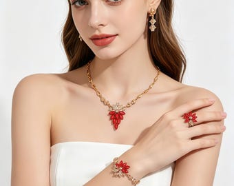 Vintage Red Floral Glass Alloy Jewelry Bundle,Evening Party Bridal Wedding Jewellery Gift.