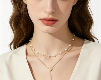 Gold Layered Pearl Necklace with Camellia Lariat | Dainty Double Strand Choker