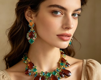 Vintage Teardrop Crystal Necklace Earring Set | Gold Tone Choker, Brown Green Blue Gemstones