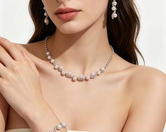 Silver Plated Pearl Zircon Jewelry Set, Copper Bamboo Chain Necklace Bracelet Earrings