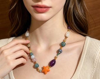 Boho Beaded Necklace | Ceramic Resin Star Heart Choker | Y2K Handmade Jewelry