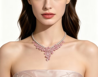 Pink Floral Statement Necklace, Copper & Cubic Zirconia