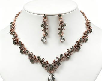 Antique black Copper Rhinestone Necklace Earrings Jewelry Set, Vintage Teardrop Crystal Bridal Accessory