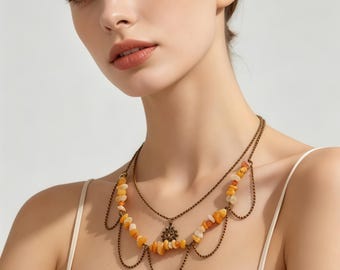 Boho Sun Moon Star Necklace Set | Chakra Layered, Yellow Stone Jewelry