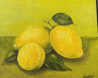 Lemons on a Table, Original hand made Painting, Bright Textured Oil Art, Citrus Fruit Kitchen Decor, Modern Realistic Food Artwork