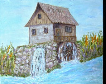 オリジナル油絵 水車、額装アート コテージ風景、素朴な田舎の家のアート、川の水車、質感のある絵画、ギフト