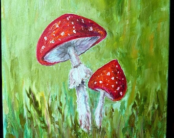 Origineel olieverfschilderij rode amanita, bos Fantasy Art, heldergroen gras, natuurkunst aan de muur, grillig bosdecor. Cadeau, ingelijst