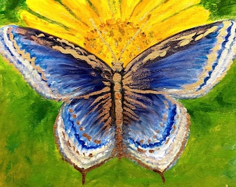 Pintura de mariposa azul, detalles de alas doradas, arte de flores amarillas, pintura botánica de la naturaleza, pintura al óleo original, decoración de pared vibrante, mariposa