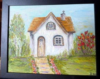 Romantische Cottage-Malerei Originalkunstwerk, Cottagecore Blumenhaus-Wanddekor, rosa Rosen-Landhaus-Kunstwerk, rustikale Bauernhausmalerei