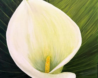 White Calla Lily Painting, Botanical Floral Art, Green Leaf Background, Textured Oil Flower Artwork, Elegant Nature Wall Decor.