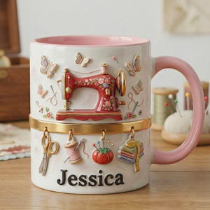 Personalized Jessica Sewing Machine Mug, Floral Quilt and Seamstress Coffee Cup, Custom Name Crafting Gift for Tailors and Quilters, 11oz