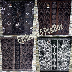 May include: Four rectangular fabric panels featuring intricate batik patterns in black, white, and brown tones. Each panel displays distinct geometric, floral, and organic motifs with a central vertical band. The text Exclusive 5 Pcs/Box is overlaid.