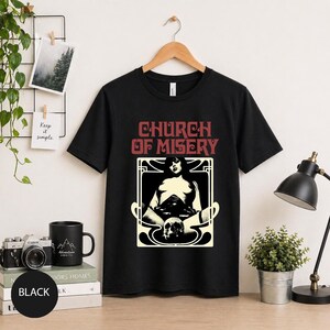 Camiseta Church of Misery, Camiseta Vintage de Horror Doom Metal, Camiseta Gótica Ocultista com Estampa de Caveira e Bruxa em Estilo Arte Sombria