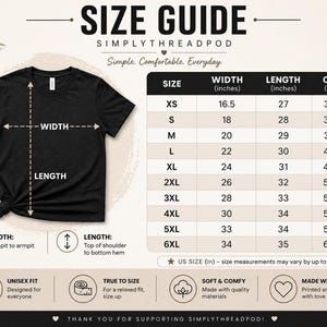 May include: Black t-shirt with a size guide chart. The chart displays measurements for width, length, and chest in inches for sizes XS to 6XL. The text "SIMPLYTHREADPOD" is at the top.