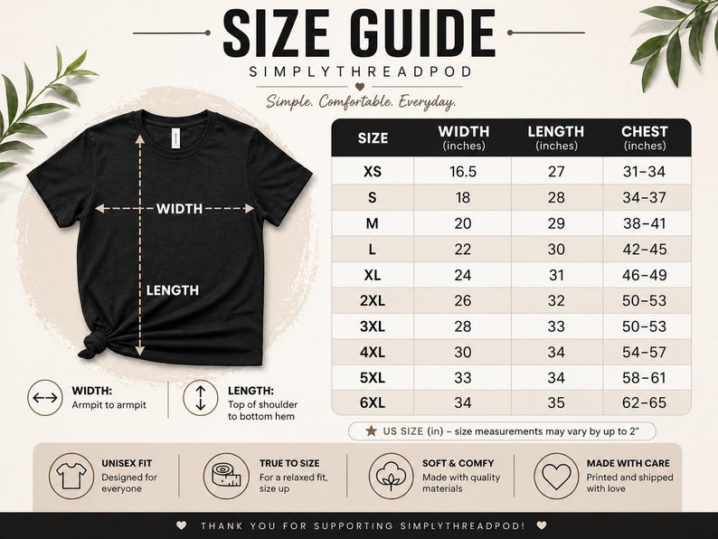 May include: Black t-shirt with a size guide chart. The chart displays measurements for width, length, and chest in inches for sizes XS to 6XL. The text "SIMPLYTHREADPOD" is at the top.