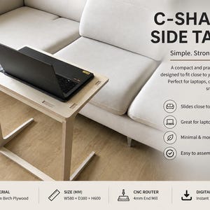May include: A C-shaped side table made of 18mm birch plywood, with a laptop on top. The table is designed to fit close to a sofa or bed. Dimensions are W580 x D380 x H600 mm. The text on the image says "Simple. Strong. Practical."